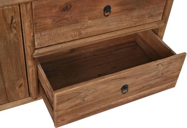 Comodă TV living din lemn reciclat, natur, cu 2 uși, 2 sertare și mâner rotund din metal negru, 65 x 156 x 44 cm, „Haven”