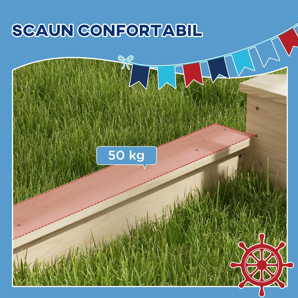 Outusunny Nisipar din Lemn pentru Copii cu Capac, Ladă de Nisip pentru Exterior cu Set de Joacă Inclus, 180x103x144,5 cm, Lemn Natural | Aosom Romania