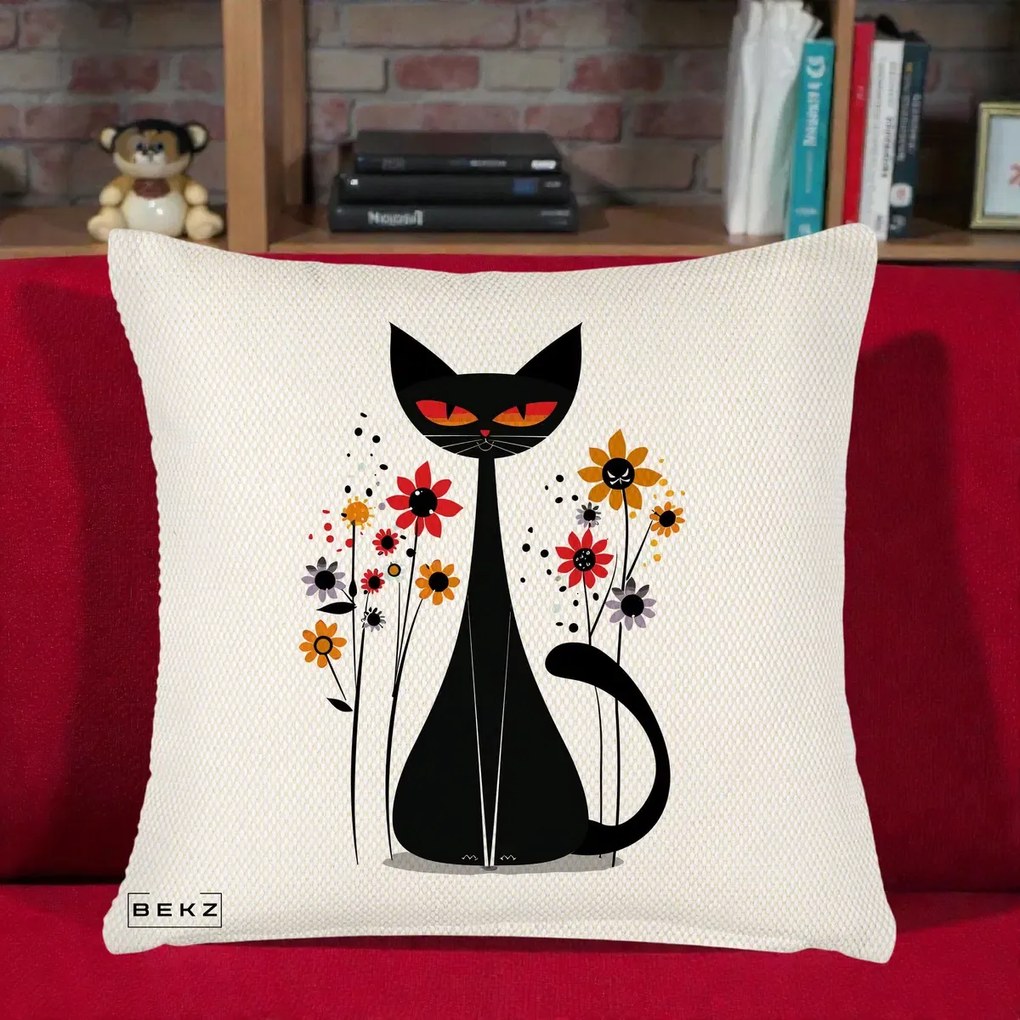 Perna Decorativa Pisica Neagra Ochi Rosii Flori, 40x40 cm, Crem Reliefat, Husa Detasabila, Perna Inclusa, BEKZ®