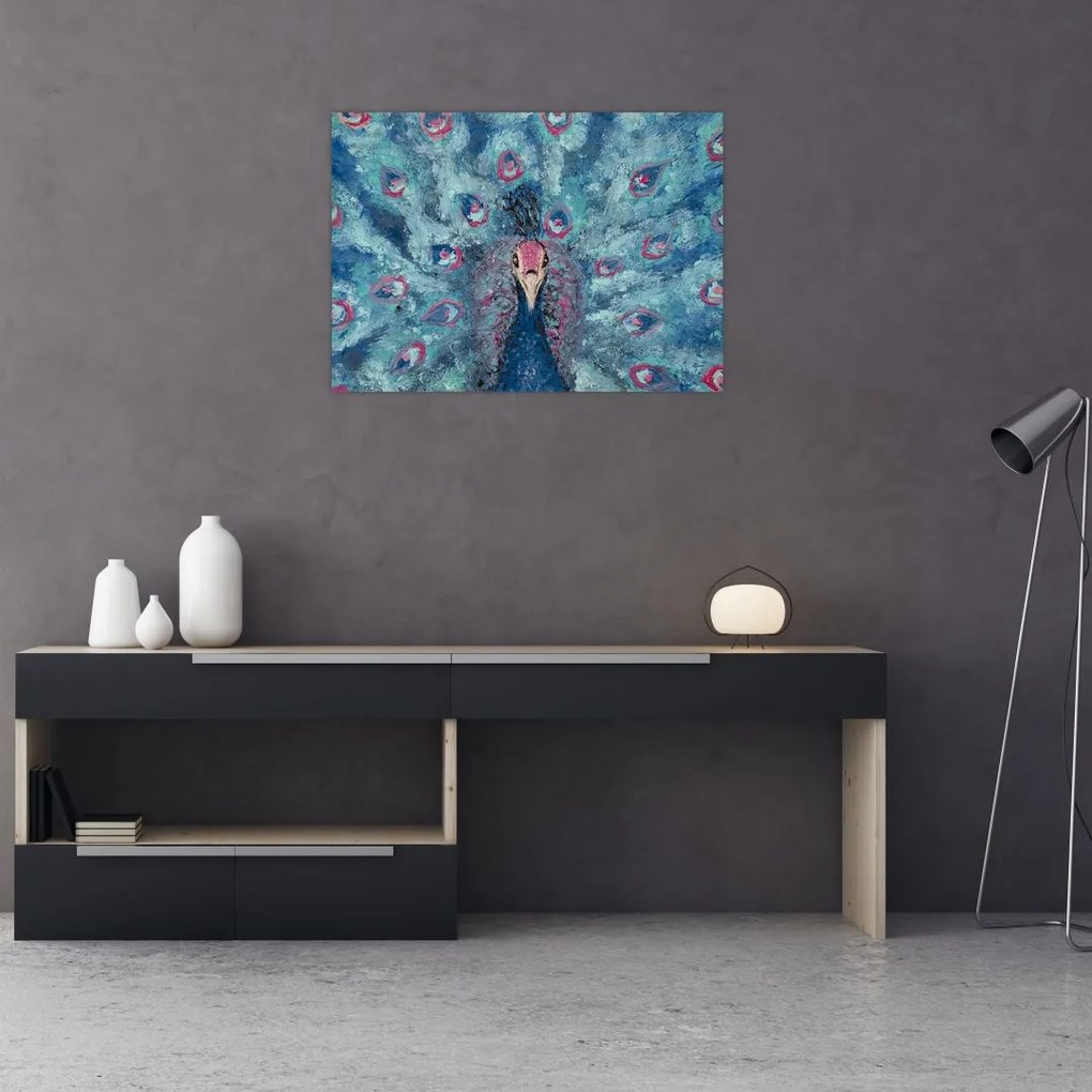 Tablou pe sticlă cu păun pictat (70x50 cm)