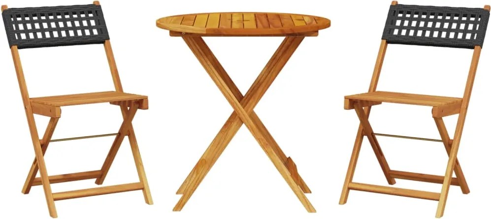 vidaXL Set mobilier bistro, 3 piese, negru, poliratan și lemn masiv