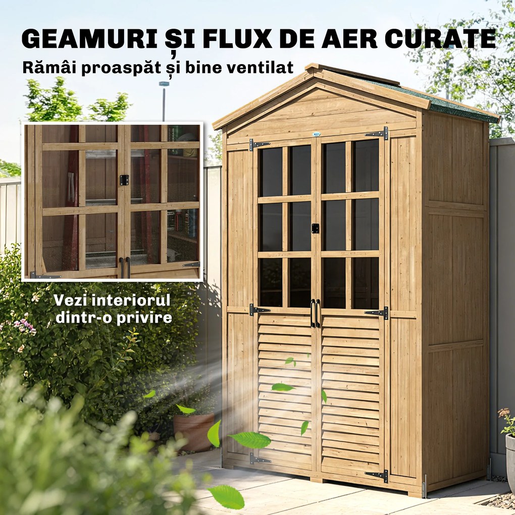 Outsunny Dulap de Grădină din Lemn de Brad cu Rafturi și Ferestre din Acril, Căsuță Depozitare Unelte Exterioare cu Acoperiș Asfaltat, Uși Blocabile, 128x57.5x197 cm, Maro Deschis | Aosom Romania
