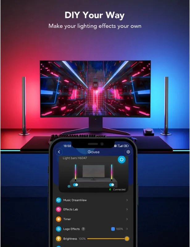 Set 2 Smart LED lampi gamer Govee RGBIC H6047, 24 W, Segmente de culoare adresabile, Wi-Fi, Bluetooth, Govee Home, Negru