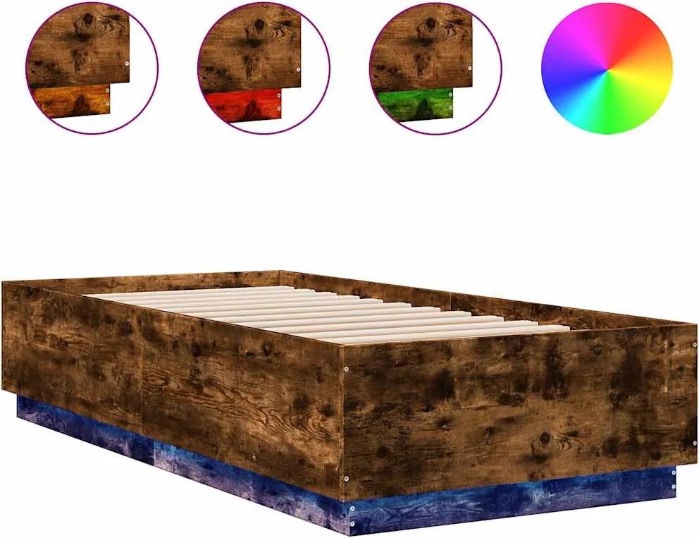 vidaXL Cadru de pat cu LED, stejar fumuriu, 100x200 cm, lemn prelucrat