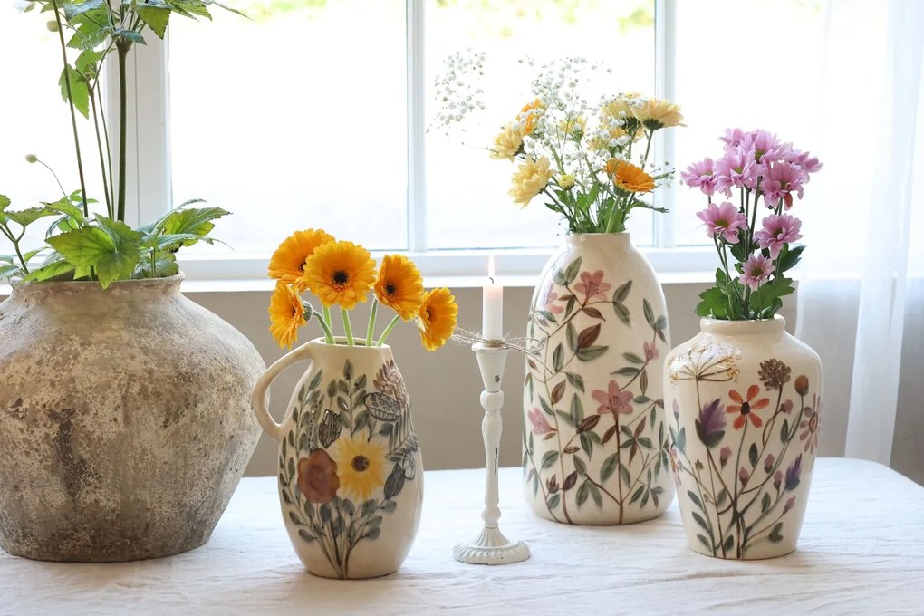 Carafă decorativă din ceramică cu motiv floral, H25/D17 cm, crem