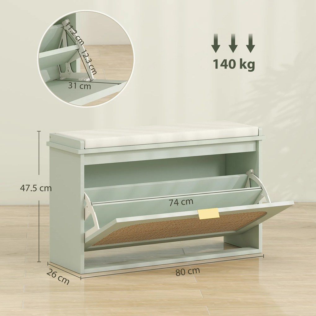 HOMCOM Banc pentru pantofi, banc de depozitare, șezut căptușit, sertar rabatabil, ușă din ratan, 80 x 26 x 47,5 cm, verde | Aosom Romania