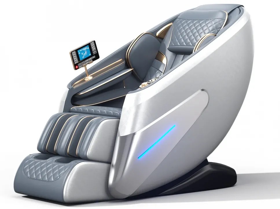 Fotoliu de masaj HADES, cu Incalzire, Bluetooth, Display, Ecran tactil, Controler rapid cotiera, Zero Gravity, 2 Boxe, Moduri Automate, Suport Picioare extensibil, Piele PU Premium, Gri