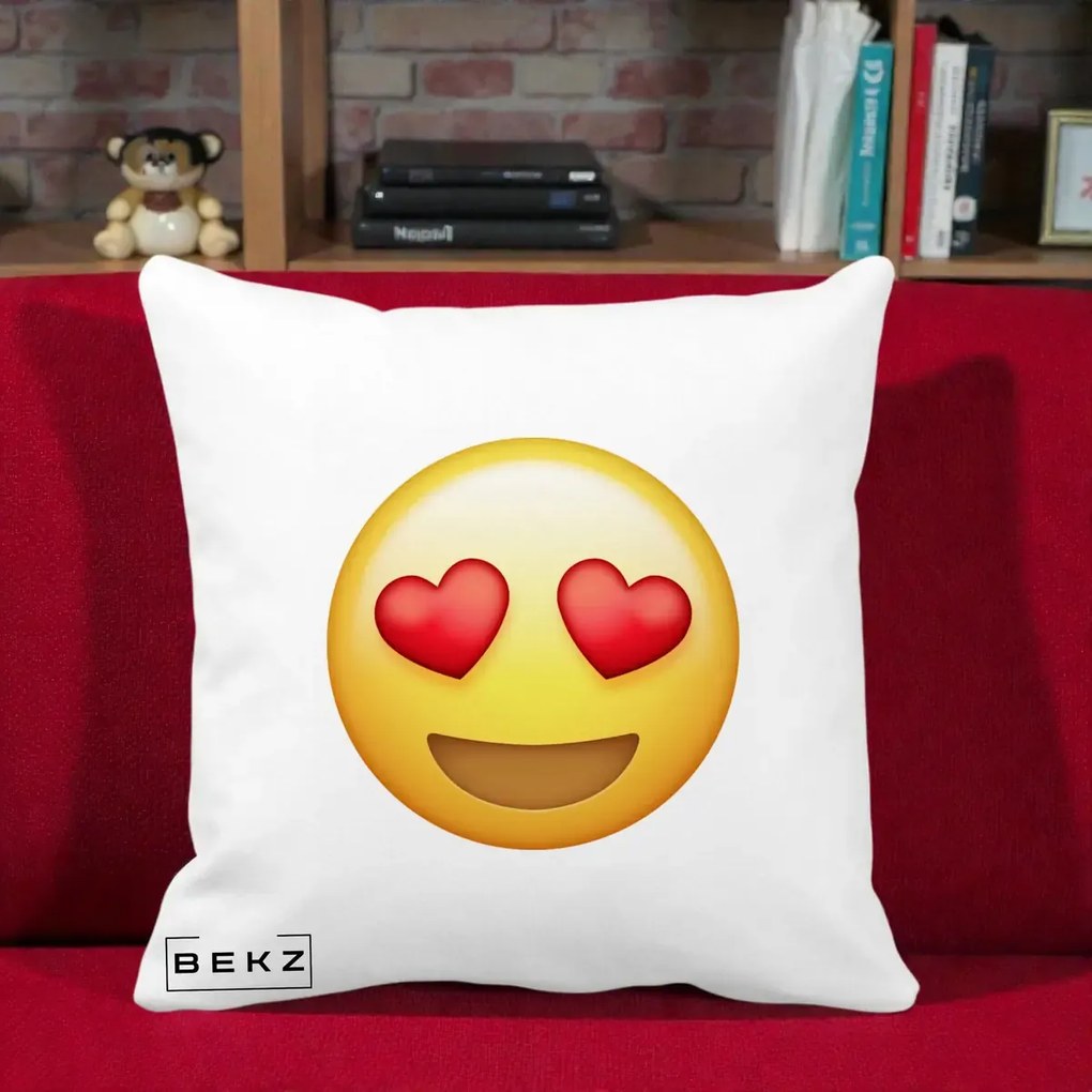 Perna Decorativa Emoji Inimi in Ochi, 40x40 cm, Alba Mata, Husa Detasabila, Perna Inclusa, BEKZ®