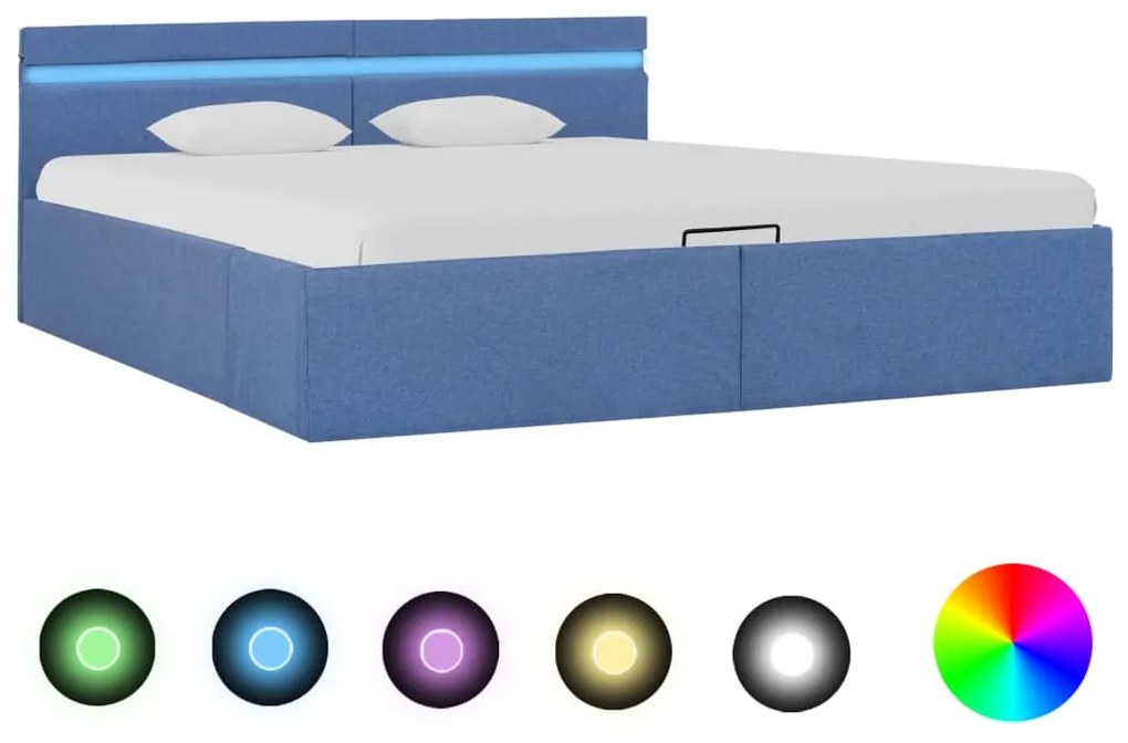 285617 vidaXL Cadru pat hidraulic ladă și LED, albastru, 180 x 200 cm, textil