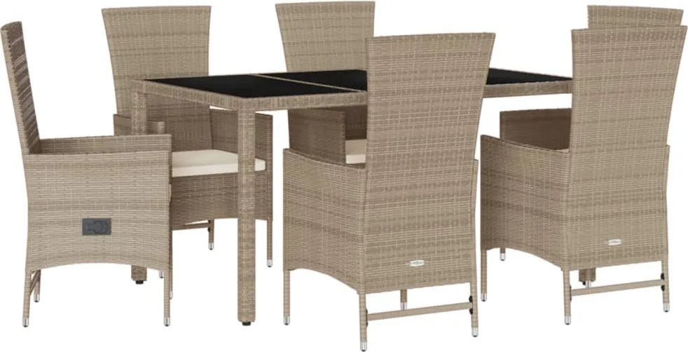 vidaXL Set de masă pentru grădină, 7 piese, cu perne, bej, poliratan
