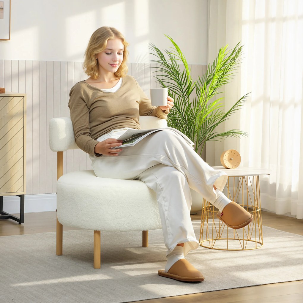 HOMCOM Fotoliu lounge fotoliu relax cu Sherpa-Fleece, picioare metalice cu aspect de lemn, fotoliu tapițat 67 x 67 x 71 cm Alb crem | Aosom Romania