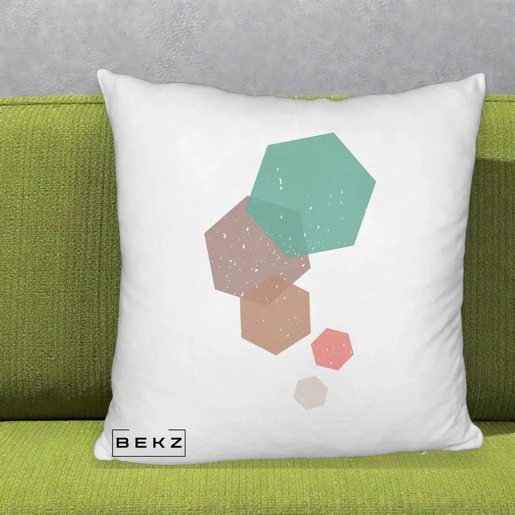 Perna Decorativa Geometric Hexagoane Pastel, 40x40 cm, Alb Pufos, Husa Detasabila, Perna Inclusa, BEKZ®