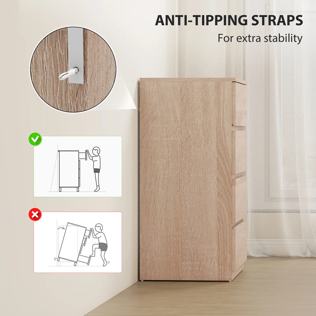 HOMCOM Comodă cu 4 Sertare, Dulap Înalt pentru Dormitor, Comodă cu Sertare cu Ghidaje Metalice și Mânere Scanalate, Alb | Aosom Romania