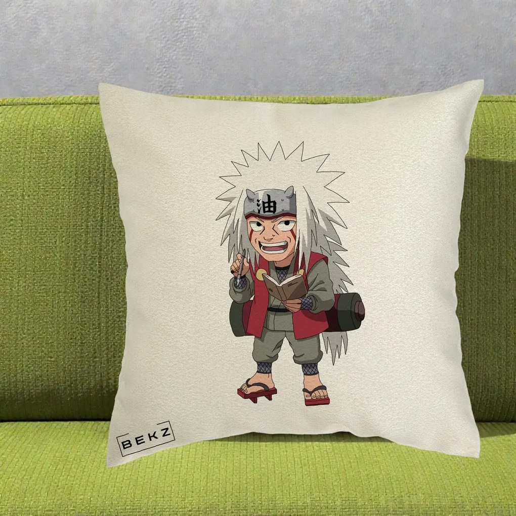 Perna Personalizata Naruto Jiraiya Sensei Chibi, 40x40 cm, Ecru, Husa Detasabila, Perna Inclusa, BEKZ®