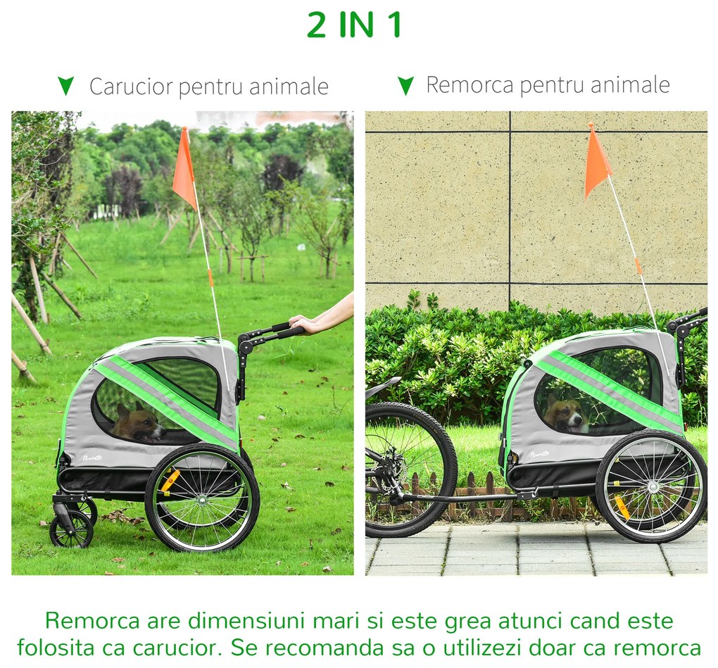 PawHut Remorca pentru bicicleta si carucior pentru caini 2 in 1, carucior pentru bicicleta din otel si material Oxford | Aosom Romania