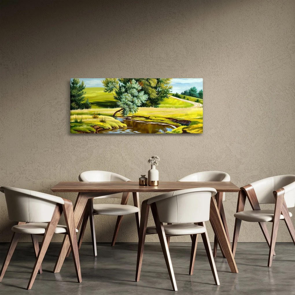 Tablou - Râu între câmpii, pictură în ulei (120x50 cm)