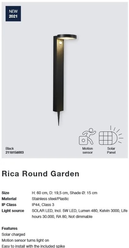 Lampa LED solara cu tarus, senzor de miscare, design modern, IP44 RICA ROUND 2118158003 NL