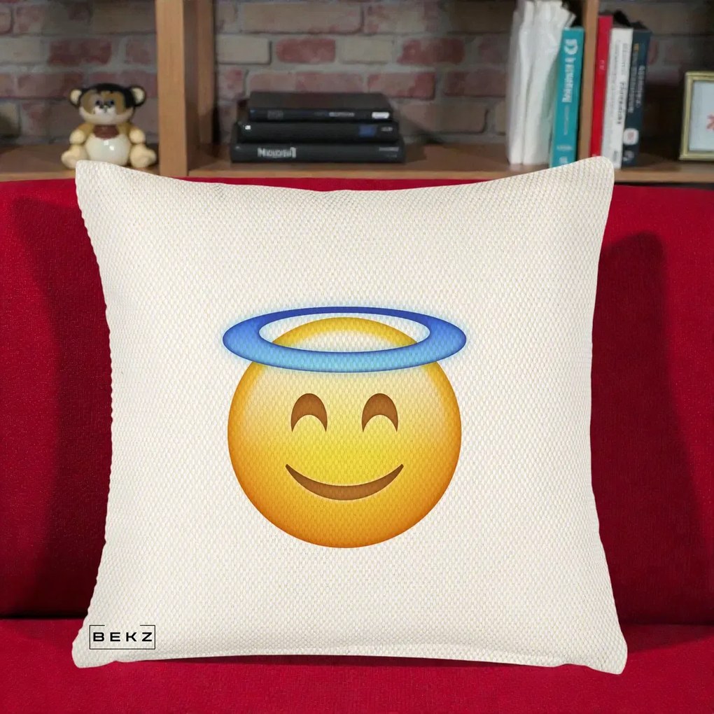 Perna Decorativa Emoji Inger cu Aureola, 40x40 cm, Crem Reliefat, Husa Detasabila, Perna Inclusa, BEKZ®