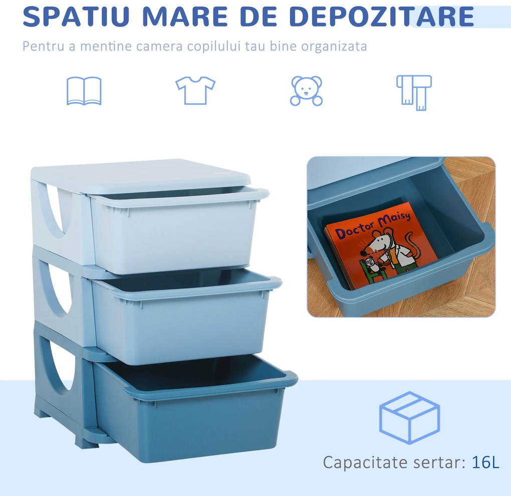 HomCom dulap cu 3 sertare din plastic, ideal pentru depozitarea jucăriilor copiilor, 37x37x56.5 cm, capacitate 10 kg/sertar | Aosom Romania