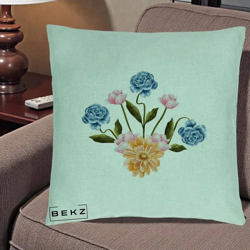 Perna Decorativa Buchet Primavara Acuarela, 40x40 cm, Verde Menta, Husa Detasabila, Perna Inclusa, BEKZ®