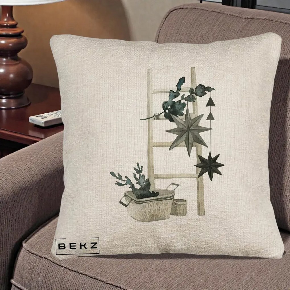 Perna Decorativa Scara Scandinavica cu Stele, 40x40 cm, Bej Canapea, Husa Detasabila, Perna Inclusa, BEKZ®