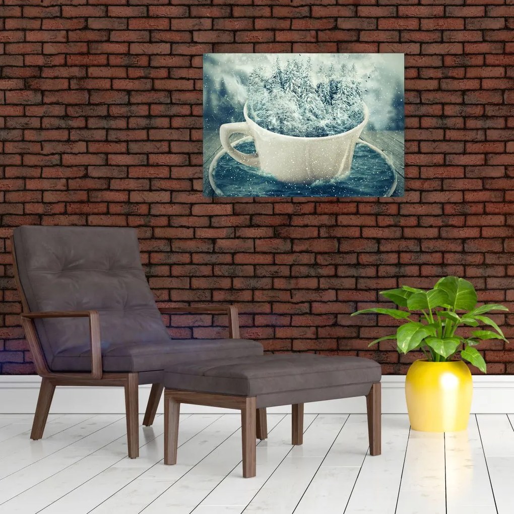 Tablou pe sticlă - Lumea de iarnă într-o căniță (70x50 cm)