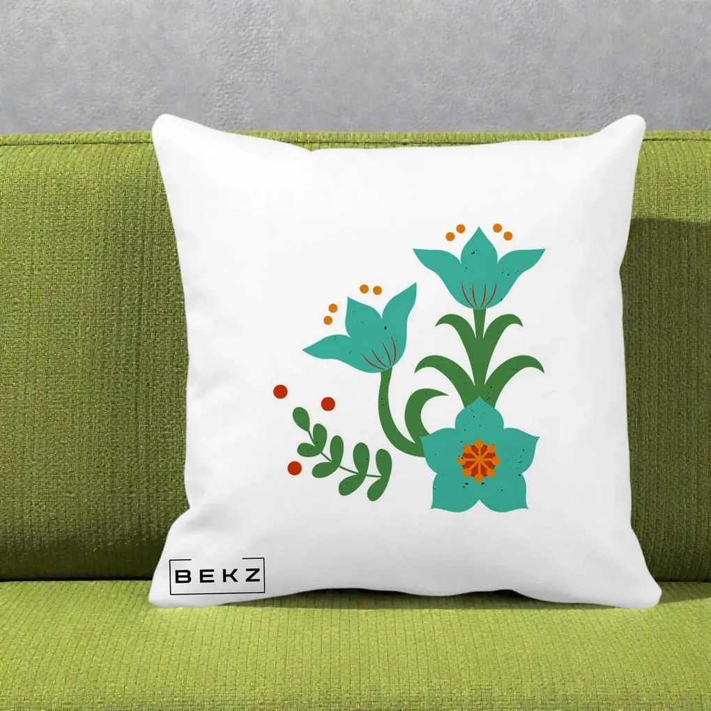 Perna Decorativa Flori Stilizate Folk Turcoaz, 40x40 cm, Alba Mata, Husa Detasabila, Perna Inclusa, BEKZ®