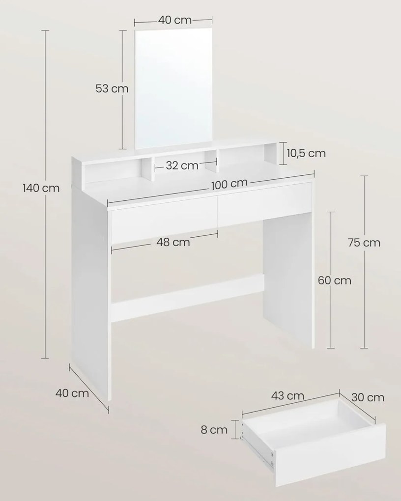 Masa de toaleta, Vasagle, Alb, 100x40x140 cm