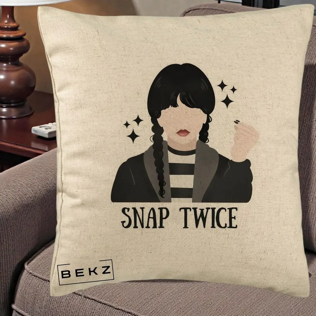 Perna Personalizata Wednesday Snap Twice, 40x40 cm, Bej, Husa Detasabila, Perna Inclusa, BEKZ®