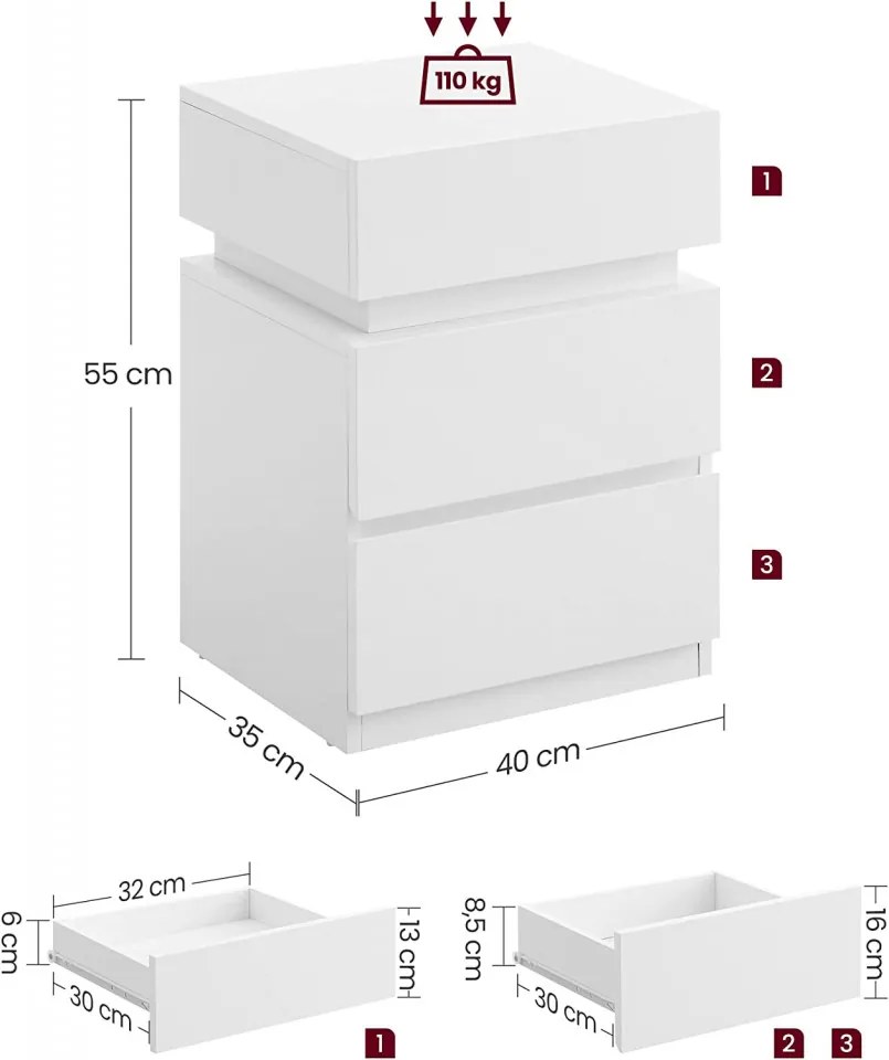 NOA28 - Set 2x Noptiere albe 40x35x55 cm, cu 3 sertare si LED, dormitor - Alb
