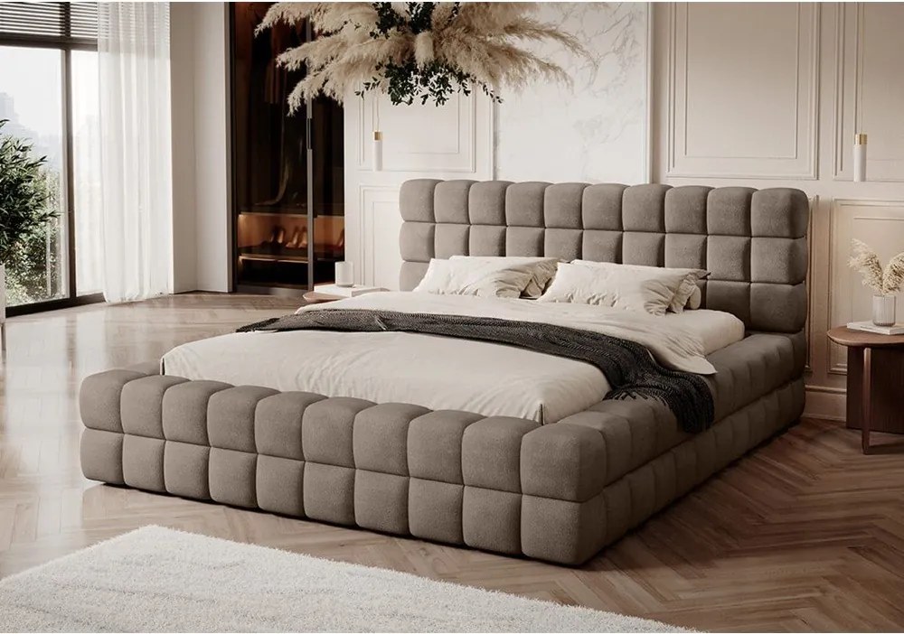 Pat matrimonial maro deschis tapițat cu spațiu de depozitare cu somieră 180x200 cm Dizzle – ELTAP