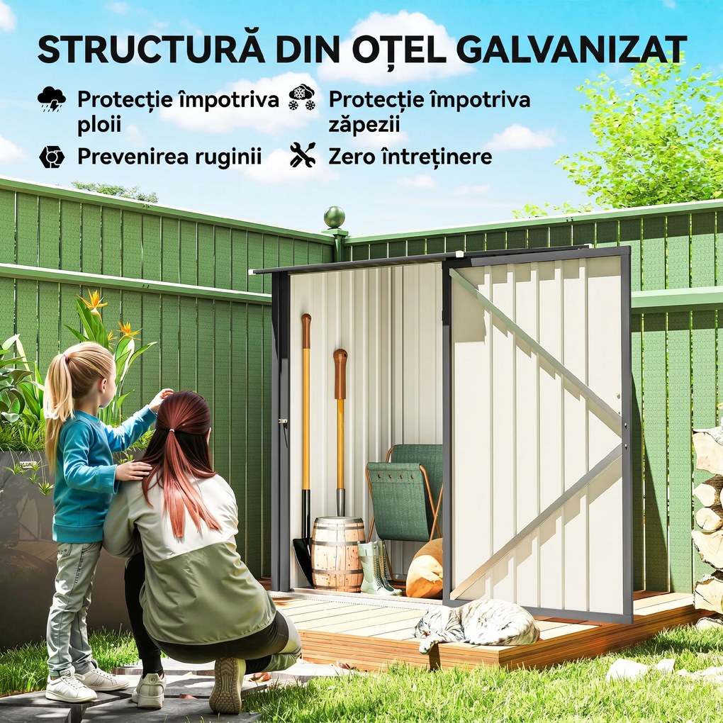 Outsunny Căsuță de Grădină 0,92m² din Oțel Galvanizat, Depozit pentru Unelte cu Ușă Blocabilă și Acoperiș Înclinat, 100x104x160 cm, Gri Închis | Aosom Romania