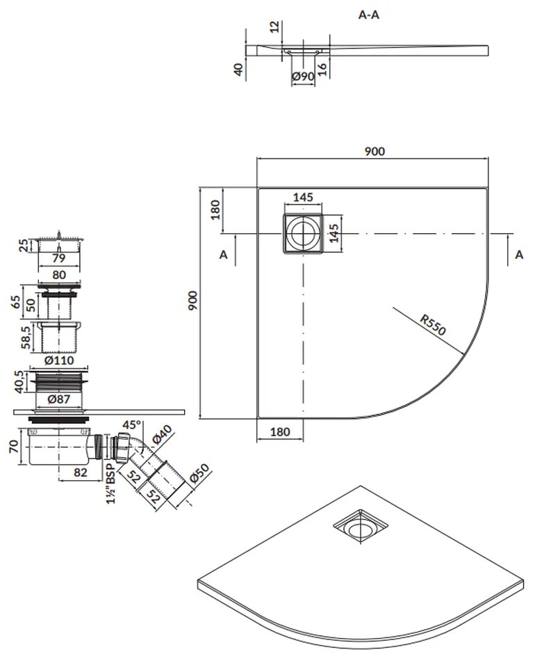 Cadita dus semirotunda alb mat 90x90 cm Cersanit Tako Slim cu sifon inclus 900x900 mm, Semirotunda, Alb mat