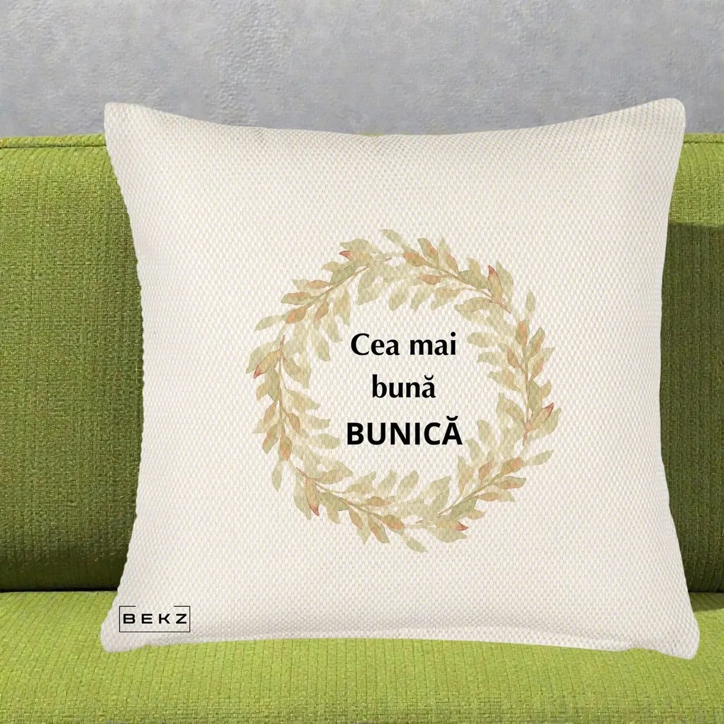 Cadou pentru Bunica - Perna Personalizata Cea Mai Buna Bunica Coronita Frunze Acuarela, 40x40 cm, Crem Reliefat, Husa Detasabila, Perna Inclusa, BEKZ®