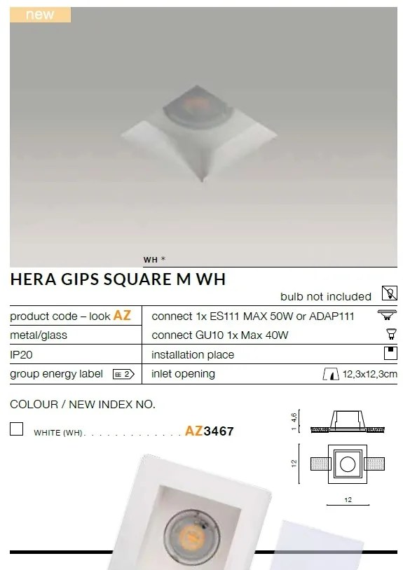 Spot incastrabil tavan/plafon HERA GIPS SQUARE M alb