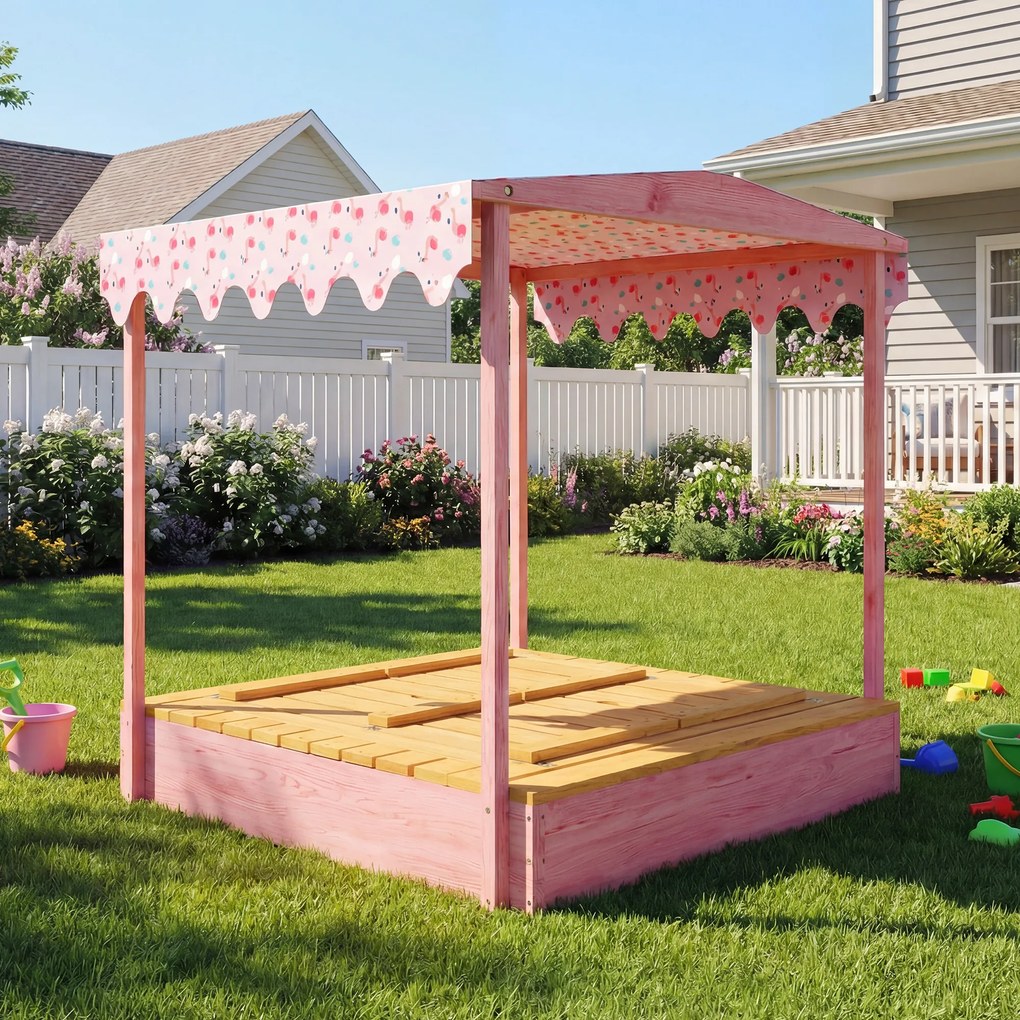 AIYAPLAY Ladă de Nisip pentru Copii 3-6 Ani cu Acoperiș cu Flamingo, Scaune Pliabile, Capac și Husă Incluse, Ladă de Joacă din Lemn de Brad, 134,5x127,5x130 cm, Roz | Aosom Romania