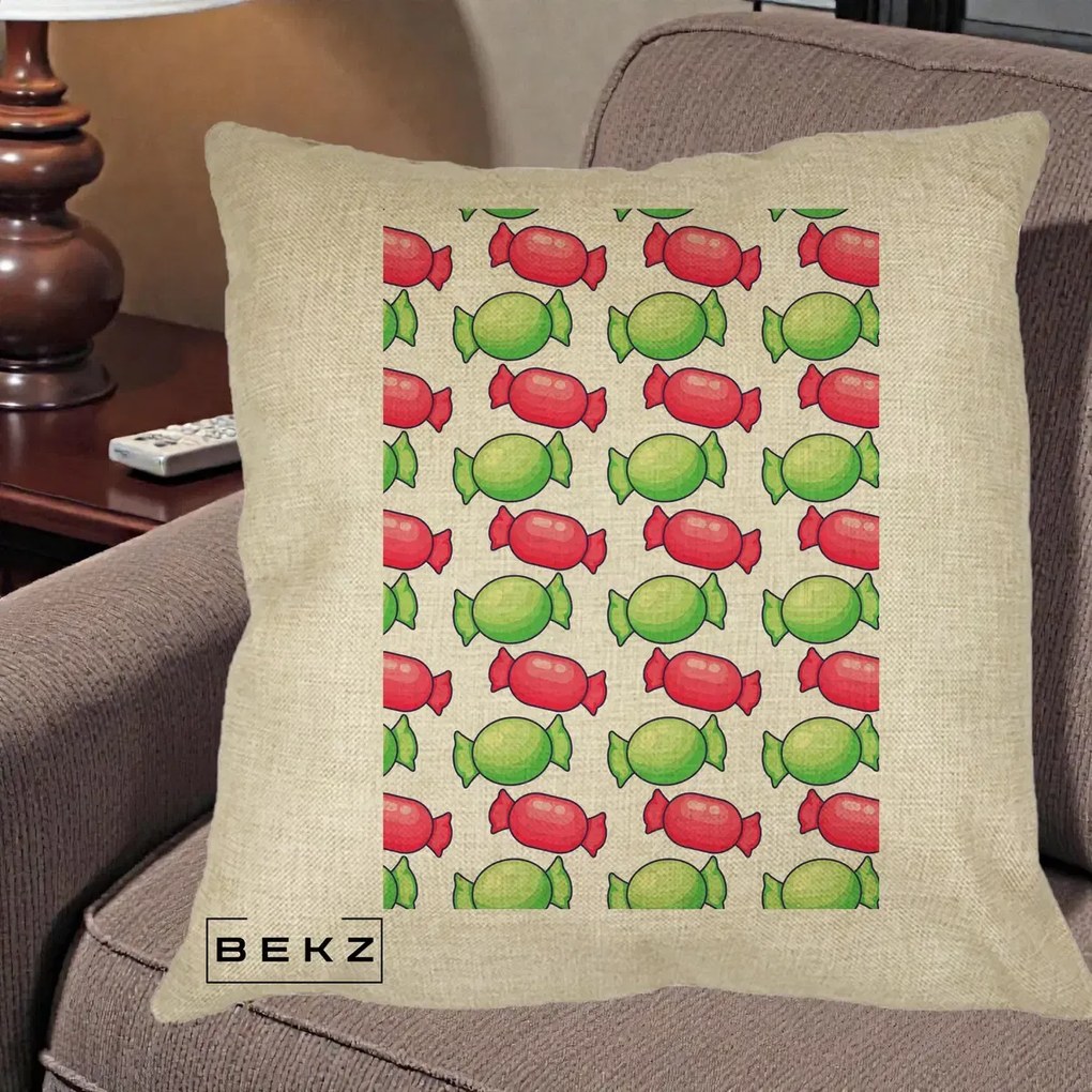 Perna Decorativa Bomboane Craciun Pattern, 40x40 cm, Crem, Husa Detasabila, Perna Inclusa, BEKZ®