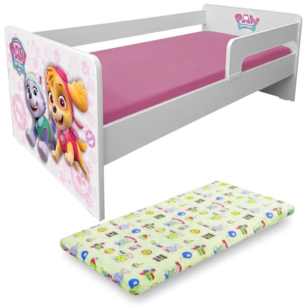 Pat copii Paw Patrol Pink P1L 2-6 ani cu paravane detasabile + saltea cu lana