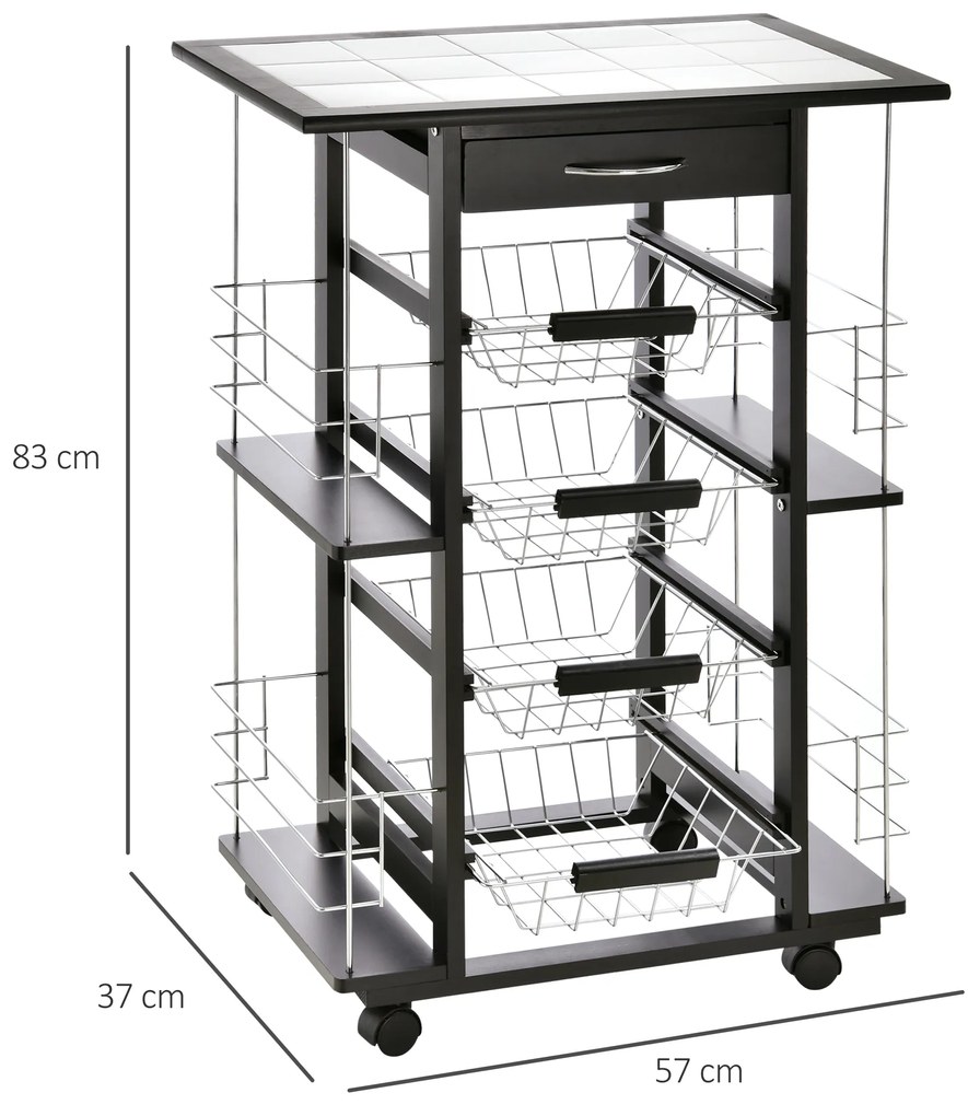 HOMCOM Cărucior de Bucătărie cu Sertar, 4 Coșuri de Fructe Detașabile și Blat de Ceramică, 57x37x83 cm, Negru | Aosom Romania