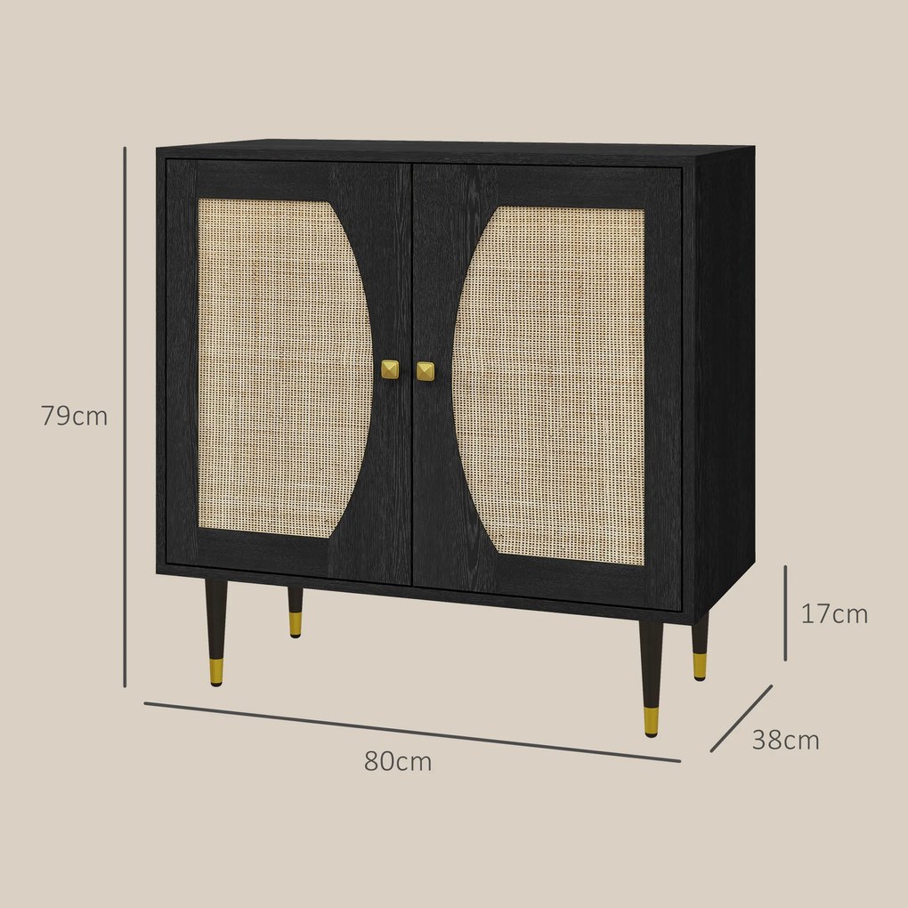 HOMCOM Bufet de bucătărie mobilier de depozitare design boem cu dublă uși și 2 nivele, fațadă din răchită 80 x 38 x 79 cm negru | Aosom Romania
