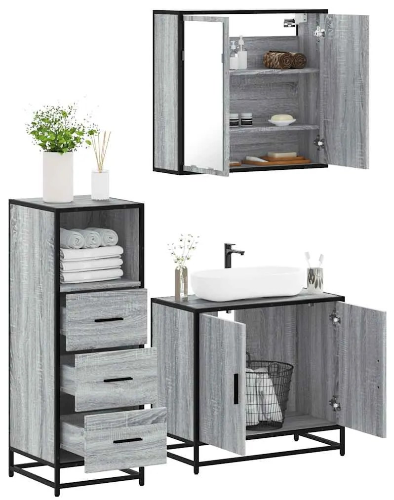 vidaXL Set mobilier de baie, 3 piese, gri sonoma, lemn prelucrat