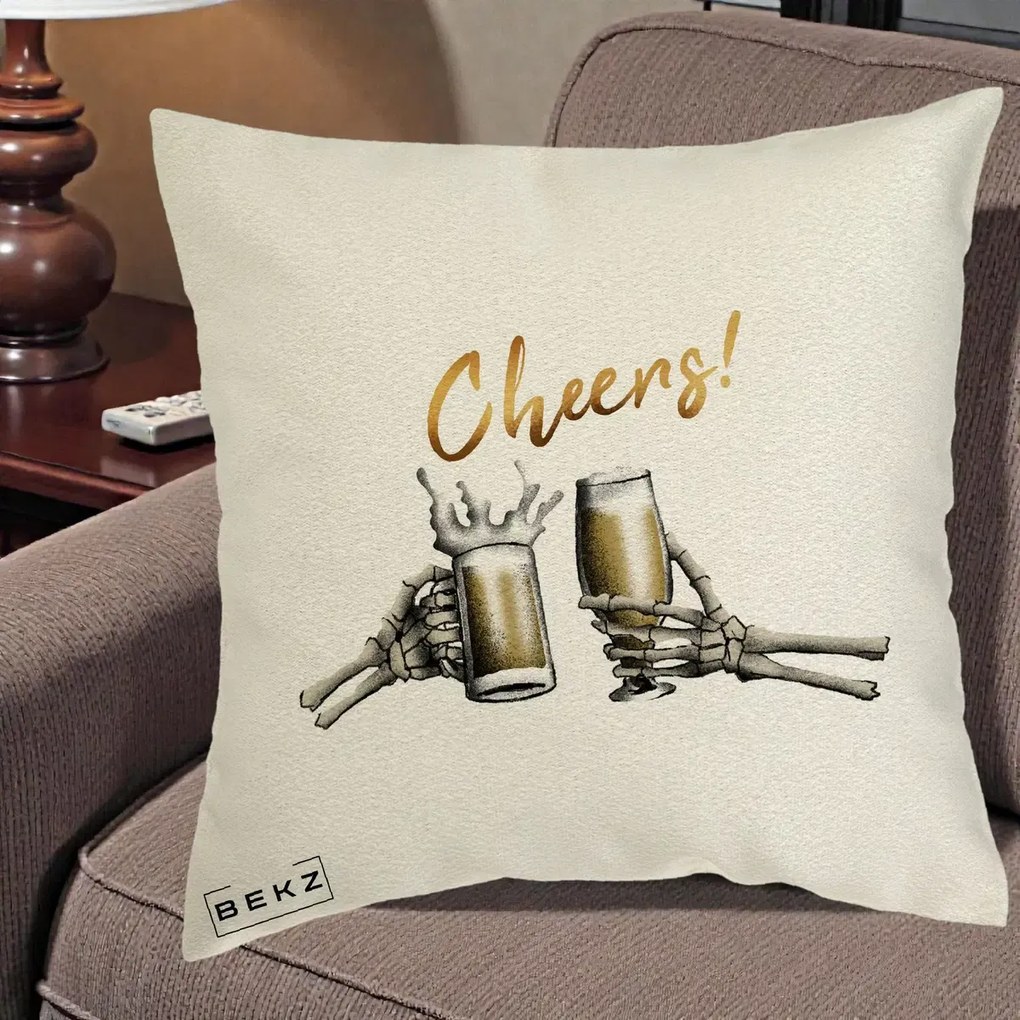 Perna Decorativa Halloween Cheers Schelete cu Bere, 40x40 cm, Ecru, Husa Detasabila, Perna Inclusa, BEKZ®