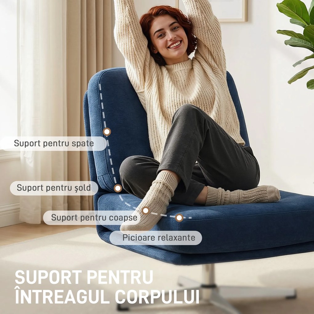 HOMCOM Fotoliu de Living Pivotant Îmbrăcat în Chenilă cu Șezut Lat, Fotoliu Modern pentru Dormitor cu Picioare Metalice, Albastru Închis | Aosom Romania