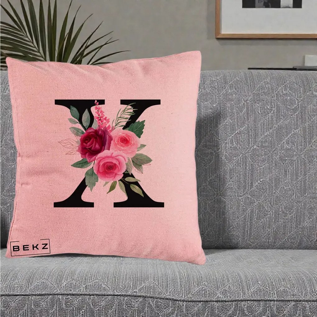 Cadou Personalizat - Perna Personalizata Monograma Florala Litera X cu Buchet, 40x40 cm, Roz, Husa Detasabila, Perna Inclusa, BEKZ®