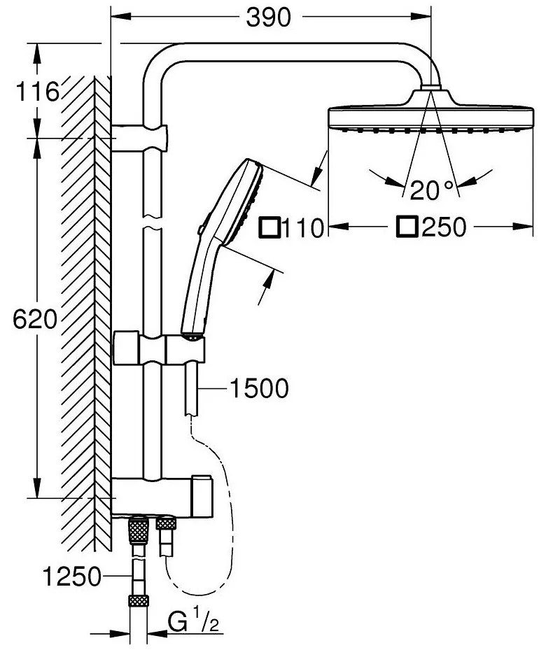 Coloana dus fara baterie Grohe Tempesta System 250 Cube, negru mat