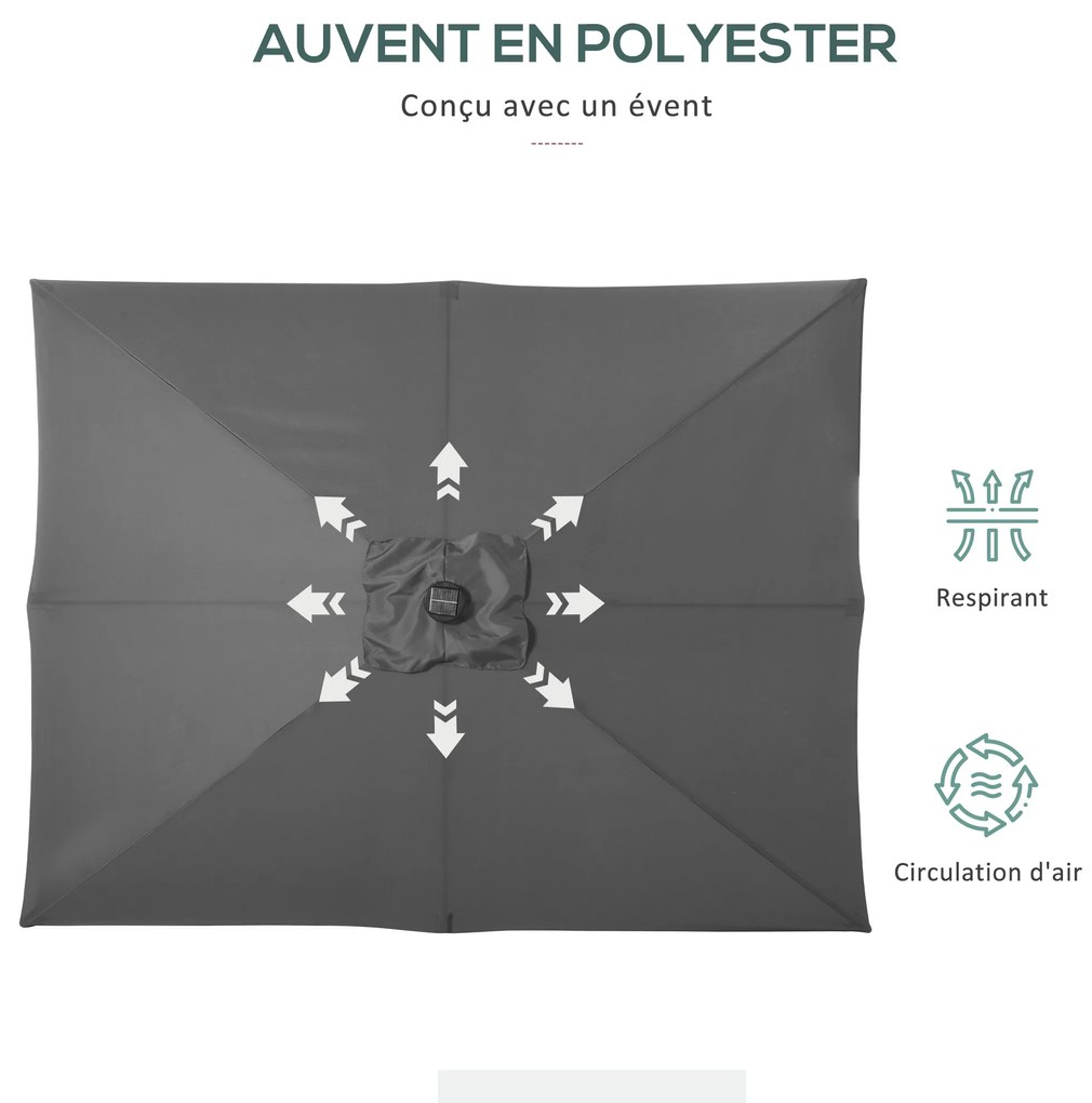 Outsunny Parasol de grădină Parasol drept 3 x 2 m luminos rectangular inclinabil cu LED solar oţel poliester de înaltă densitate gri | Aosom Romania