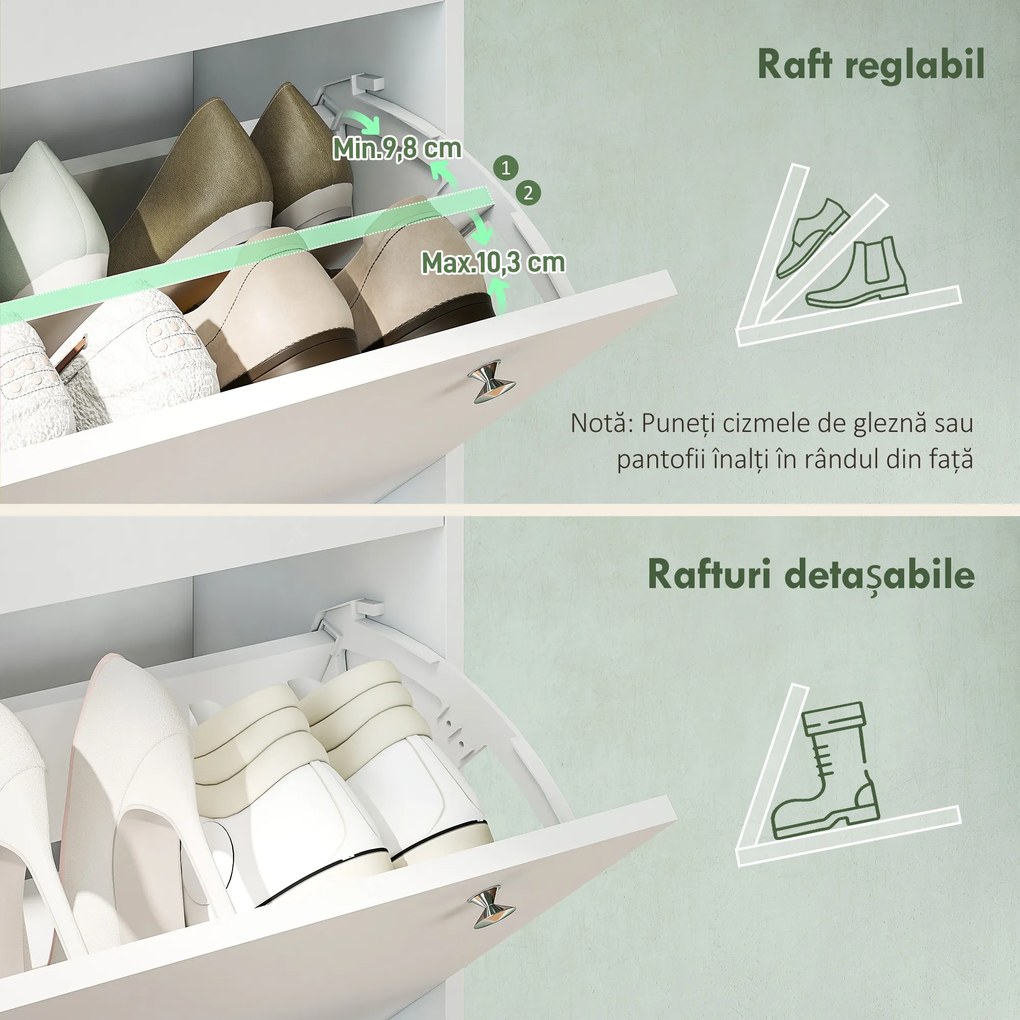 Dulap Îngust HOMCOM pentru Încălțăminte cu 4 Sertare Rabatabile, Dulap Subțire pentru Depozitarea Încălțămintei cu Rafturi Reglabile pentru Hol, Capacitate 24–32 Perechi, Alb | Aosom Romania