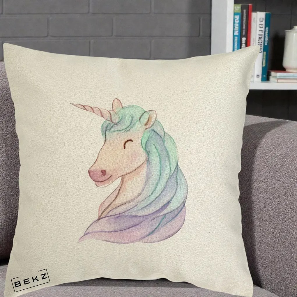 Perna Decorativa Unicorn Acuarela Pastel, 40x40 cm, Ecru, Husa Detasabila, Perna Inclusa, BEKZ®