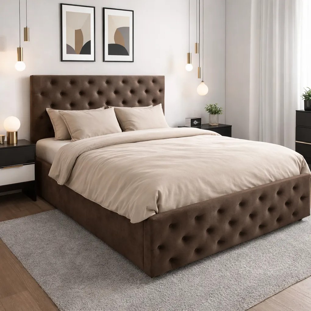 Pat tapitat Berlin cu somiera rabatabila si spatiu de depozitare, catifea maro , 180x200 cm 180 x 200, Maro