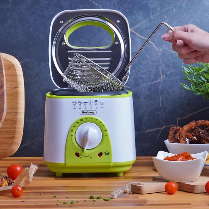 Resigilat: Friteuza mini Rosberg R51980B, 950W, 1 litru, termostat, strat antiaderent, alb / verde